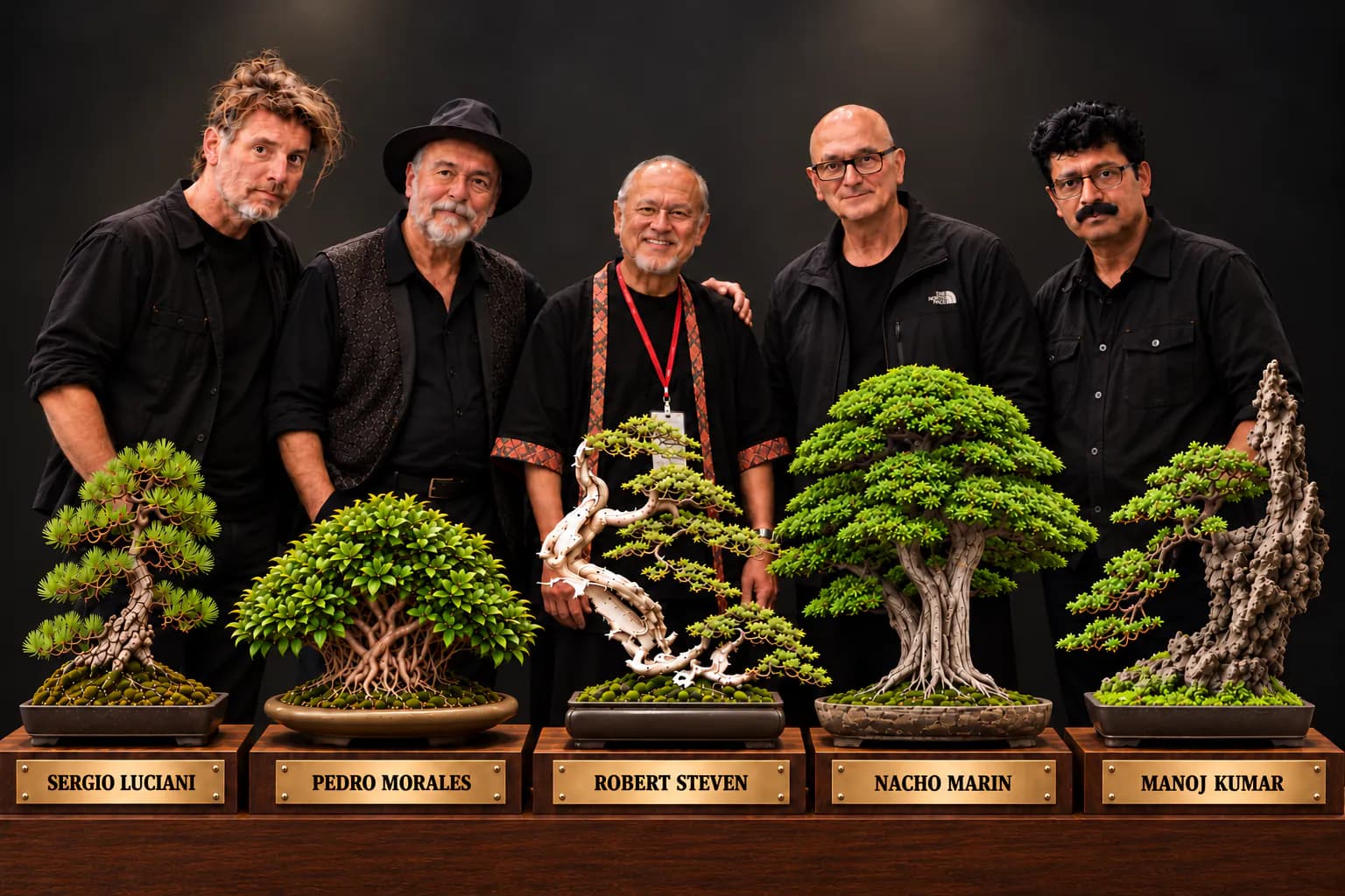 Masters Sergio Luciani, Pedro Morales, Robert Steven, Nacho Marin and Manoj Kumar with their bonsai